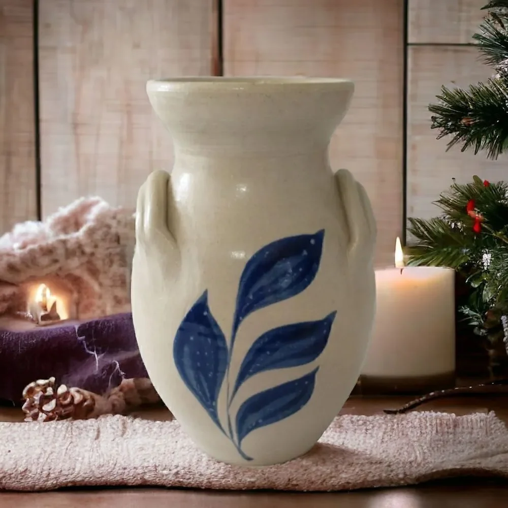 Williamsburg Pottery‎ Vase Two Handled  Blue Leaf Design Spring Summer Flowers.